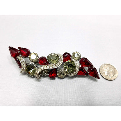 Vintage Red Rhinestone Brooch, Rhodium Plated, Ribbon Design, 1960s Vintage Jewelry