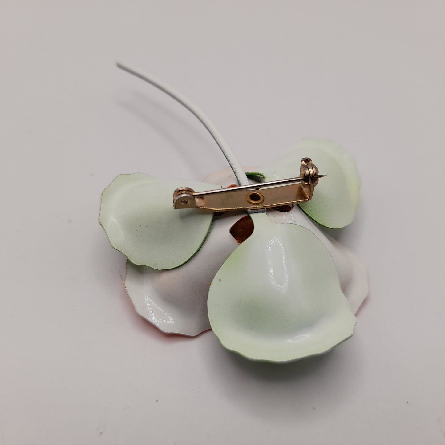 Vintage 1960s Orange Green White Enamel Flower Brooch with Stem, 4 Inches
