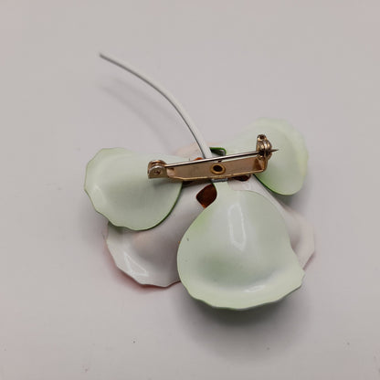 Vintage 1960s Orange Green White Enamel Flower Brooch with Stem, 4 Inches