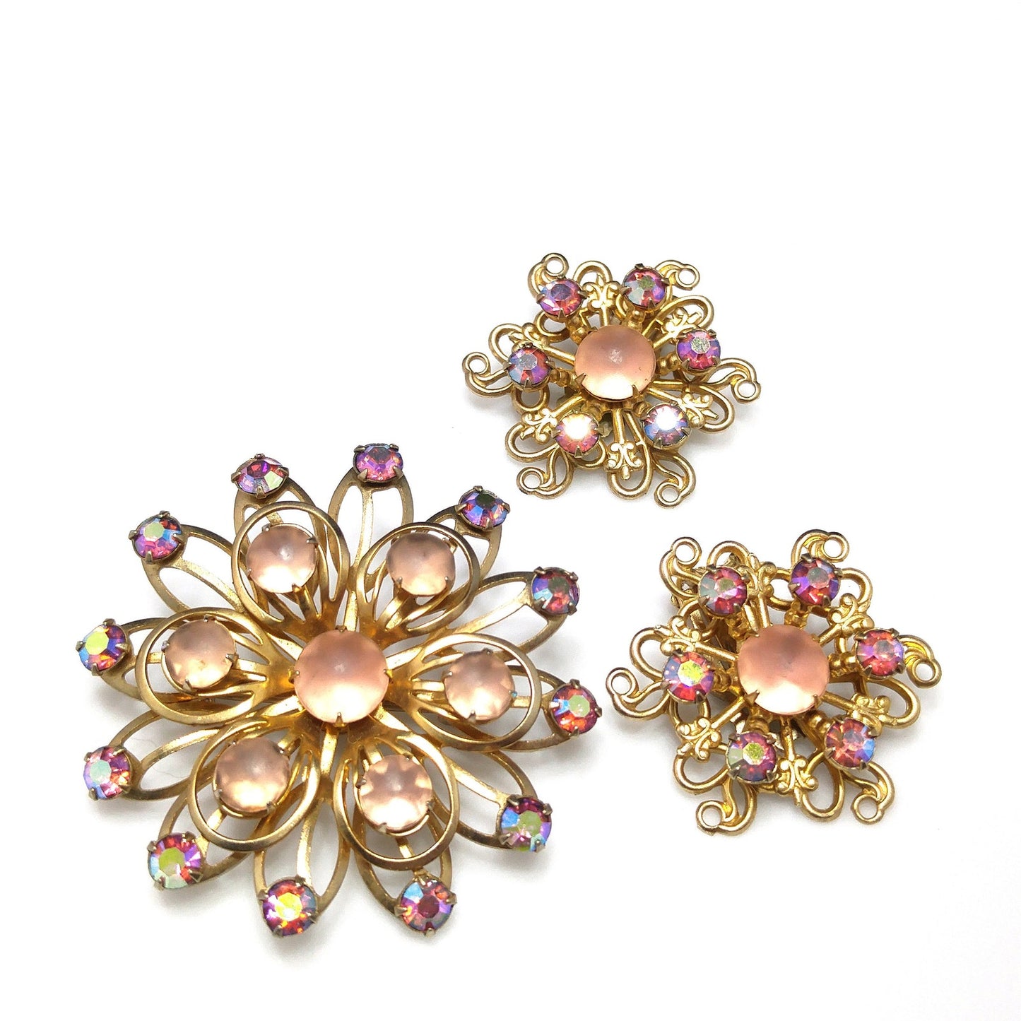 Vintage Pink Aurora Borealis Brooch Earrings Set, Pink Cabochons, 1950s Vintage Jewelry
