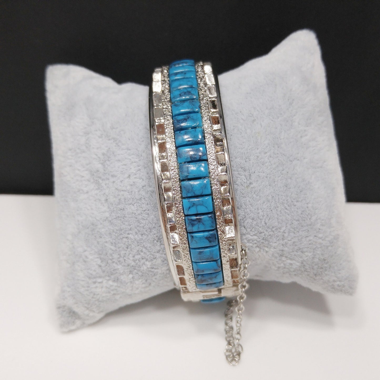 Whiting & Davis Faux Turquoise Hinged Bracelet, Silver Tone, 1970s Vintage Jewelry