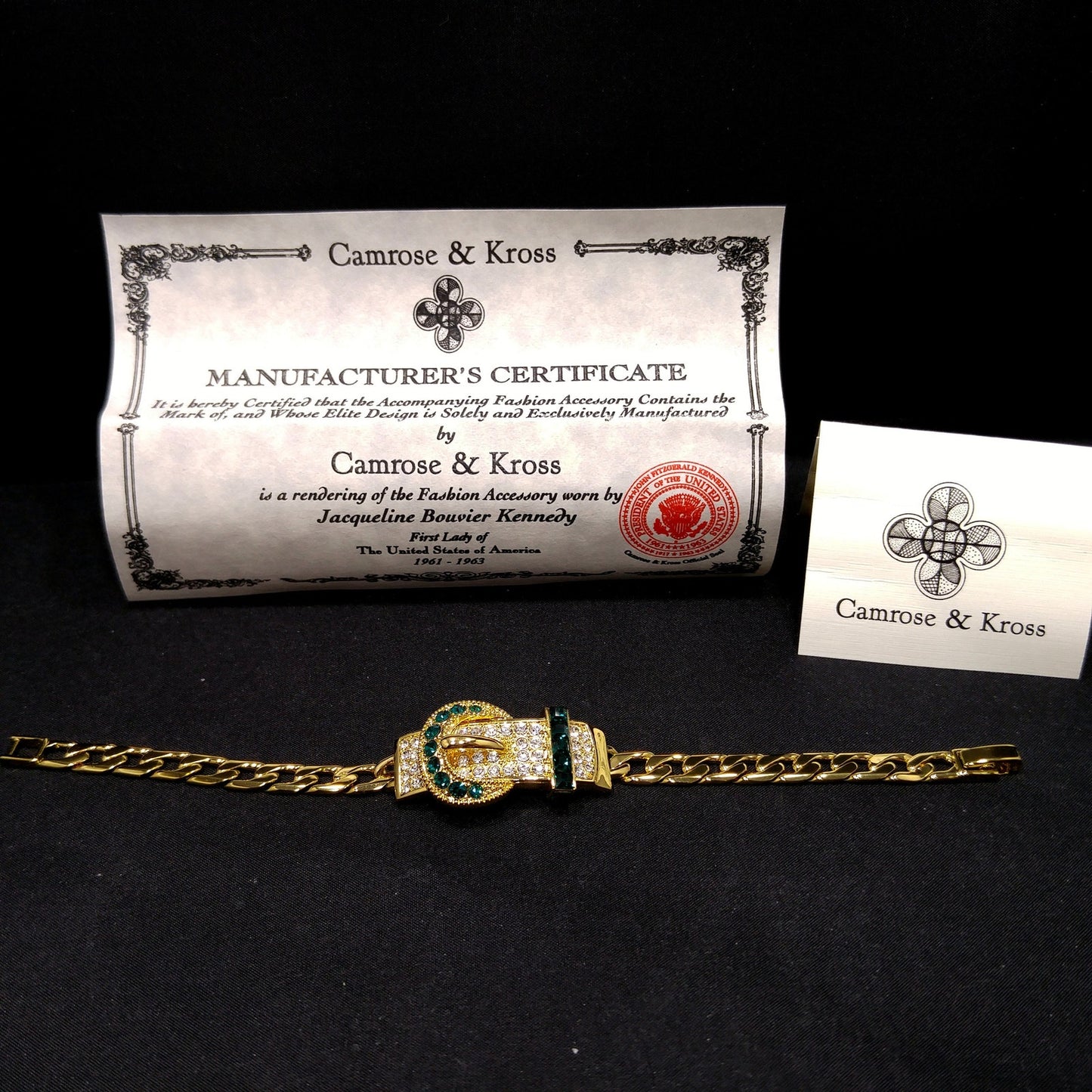 Vintage Jackie Kennedy JBK Bracelet, Faux Emerald Clear Rhinestones, Gold Plated