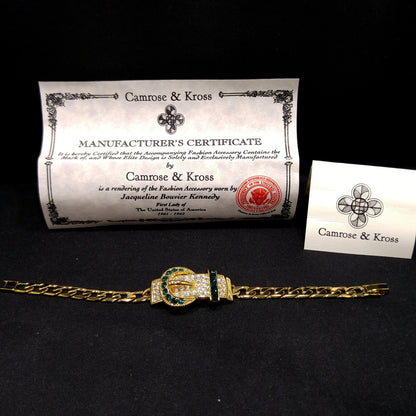Vintage Jackie Kennedy JBK Bracelet, Faux Emerald Clear Rhinestones, Gold Plated