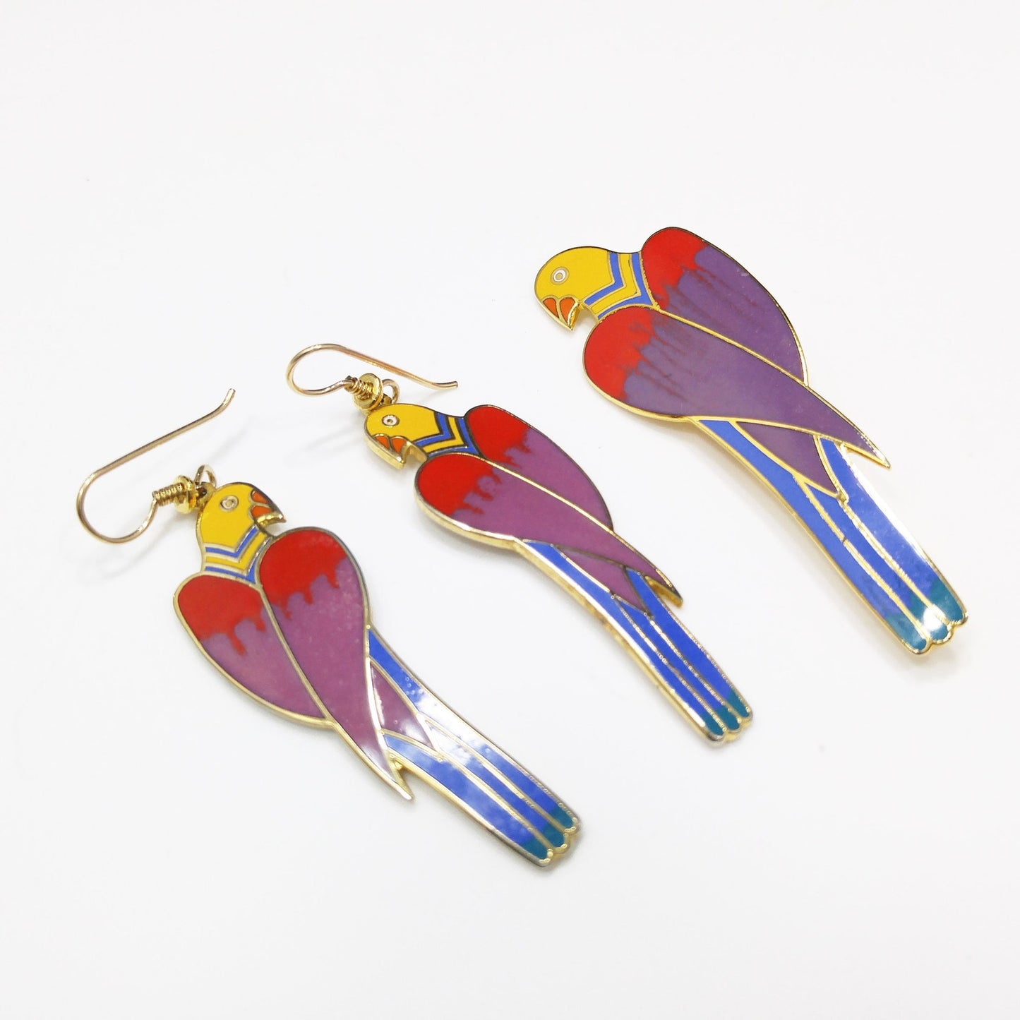 Laurel Burch Cezanne Parrot Earrings & Brooch Set, 22 KG Plated Cloisonne Enamel, 1980s
