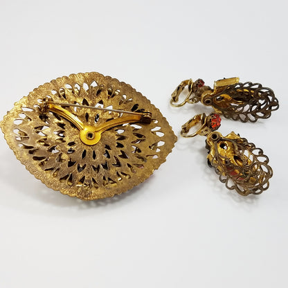 Vintage Filigree Rhinestone Brooch & Earrings, Orange Green Topaz Crystals, Floral Brass Tones, 1950s Vintage Jewelry