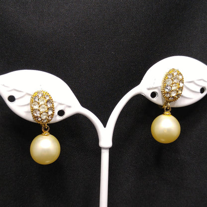 Ciner Faux Pearl Dangle Clip Earrings, Clear Rhinestones, Gold Plated, 1970s Vintage