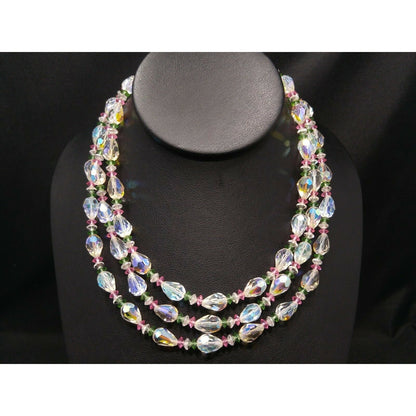 Vendome Crystal Aurora Borealis Pastel Beaded Necklace, 3 Strands Pink Green Crystal Beads, 1960s Vintage Jewelry