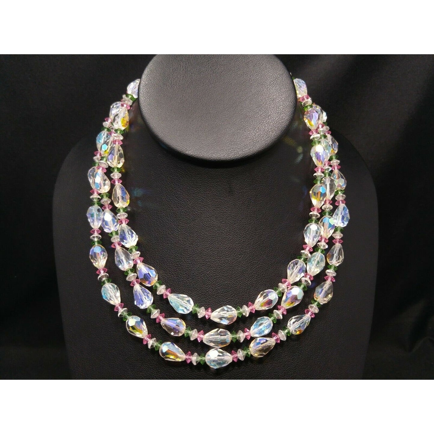 Vendome Triple Strand AB Crystal Necklace Pastel Pink Green Beads Vintage 1950s