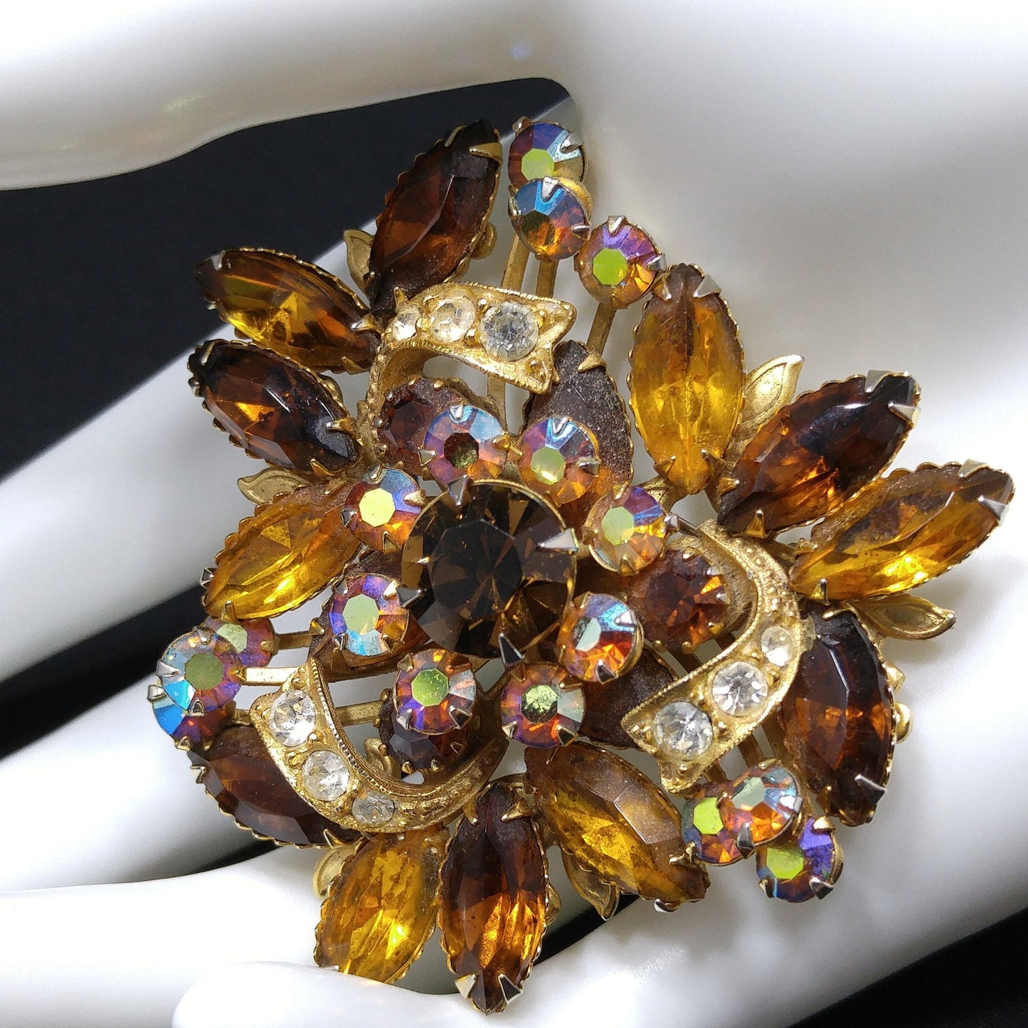 Fall Rhinestone Ribbon Brooch, Topaz Rhinestones, Aurora Borealis, 1950s Vintage Jewelry