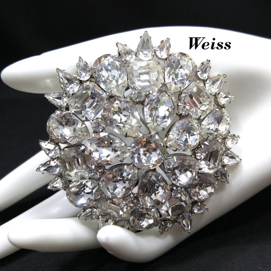 Weiss 1950s Large Clear Rhinestone Floral Brooch | Rhodium Plated Statement Pin | Vintage Mid-Century Jewelry