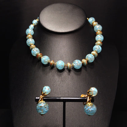Kramer Turquoise Gold Beaded Necklace & Earrings Set, Gold Glitter Murano Glass