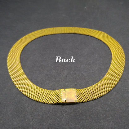 Art Deco Brass Mesh Necklace, Yellow Enamel, 1930s Vintage Jewelry