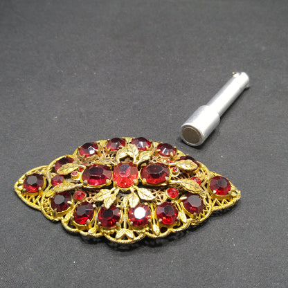 Antique Red Rhinestone Filigree Large Brooch, Wide Floral Sash Shoulder Pin, 1920s Vintage Jewelry