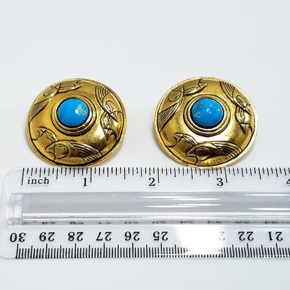 Laurel Burch Turquoise & Gold Bird Earrings, Gemstone, Gold Plated, 1980s