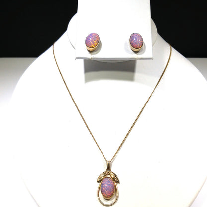 Van Dell Faux Opal Necklace Screw Back Earrings Set, 12K Gold Filled, 1950s Vintage Jewelry