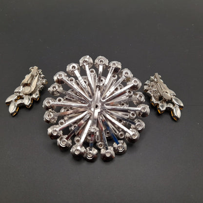 Clear Rhinestone Round Brooch Clip Earrings Set, Wedding Holiday Jewelry, 1950s Vintage Jewelry