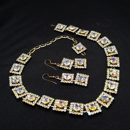 Vintage 1960s Aurora Borealis Rhinestone Necklace & Earrings Set – Square Links