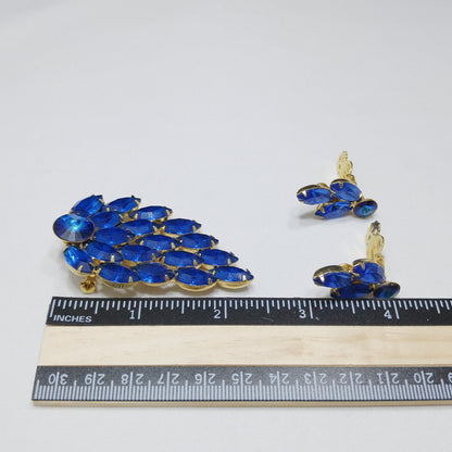 Mid Century Blue Rivoli Brooch & Earrings, Gold Plated, 1960s Vintage Jewelry