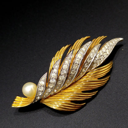 Jomaz Gold Plated Brooch & Earrings, Leaf Pave' Rhinestone Design, 1940s Vintage Jewelry