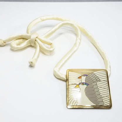 Vintage Laurel Burch "Moon Doves" Pendant Necklace, Gold Plated Cloisonne