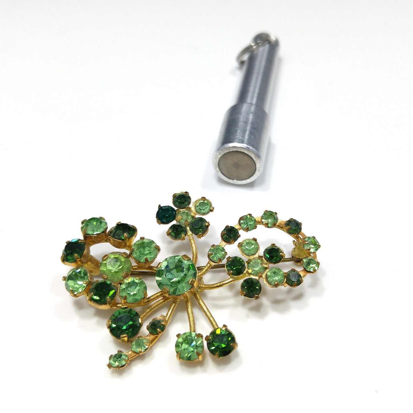 Vintage 1950s Austrian Green Rhinestone & Uranium Glass Brooch – Floral Design