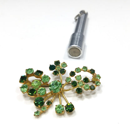Vintage 1950s Austrian Green Rhinestone & Uranium Glass Brooch – Floral Design