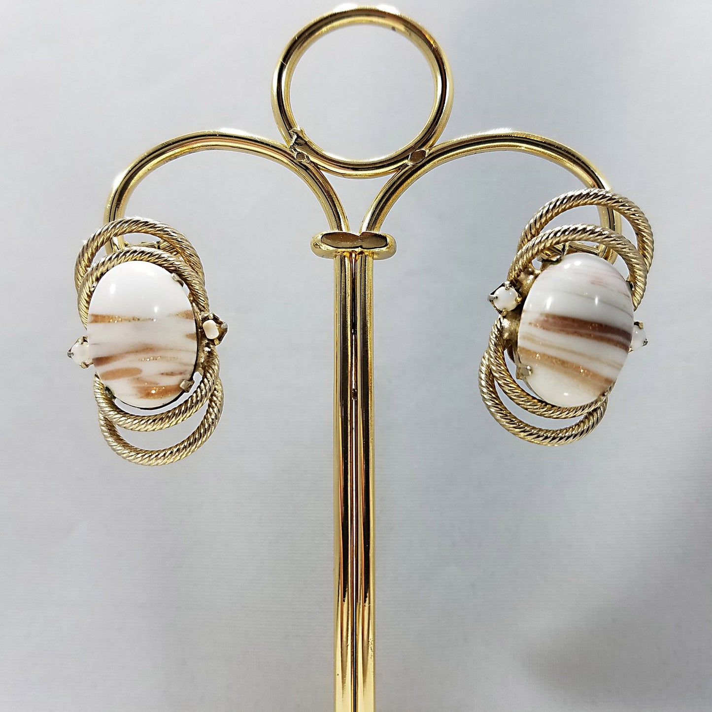 Hobe' White & Gold Earrings, Gold Plated, Art Glass, 1950s Vintage Jewelry
