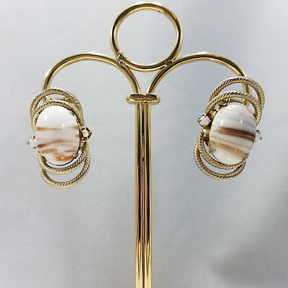 Hobe' White & Gold Earrings, Gold Plated, Art Glass, 1950s Vintage Jewelry