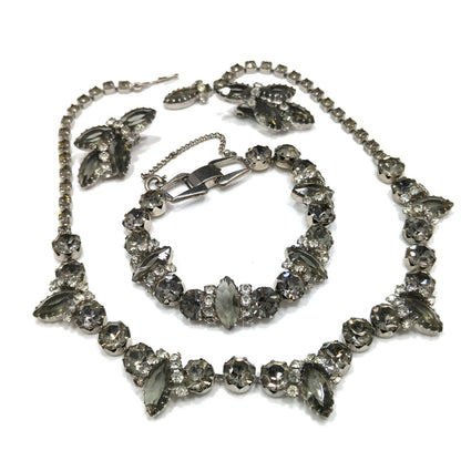 Black Diamond & Clear Rhinestone Jewelry Set, Necklace Bracelet Clip Earrings, 1950s Vintage Jewelry