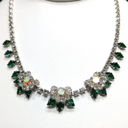 Vintage Green Clear Rhinestone Choker Necklace, Aurora Borealis, Rhodium Plated, 1960s Vintage Jewelry