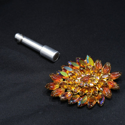 Topaz Rhinestone Lava Glass Brooch, Gold Plated, 1960s Vintage Jewelry