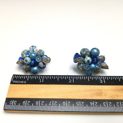 Vendome Blue Beaded Clip Earrings, Aurora Borealis, Silver Leaves, 1960s Vintage Jewelry