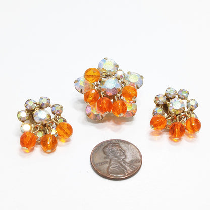 Small Aurora Borealis Brooch & Matching Earrings, Tangerine Orange Dangles, 1950