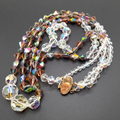 Vintage Crystal Bead Long Necklace, Asymmetrical Clear AB Topaz Crystals, 26"