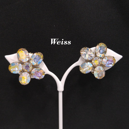 Weiss Aurora Borealis Clear Rhinestone Earrings, Flower Clip Earrings, 1950s Vintage Jewelry