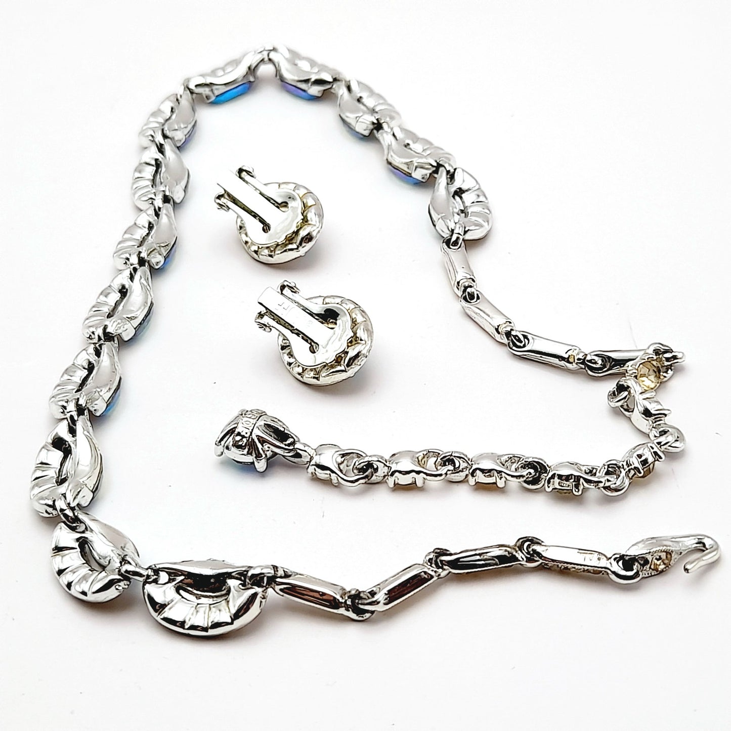Bogoff Blue Rhinestone Rhodium Plated Choker Necklace Clip Earrings Set