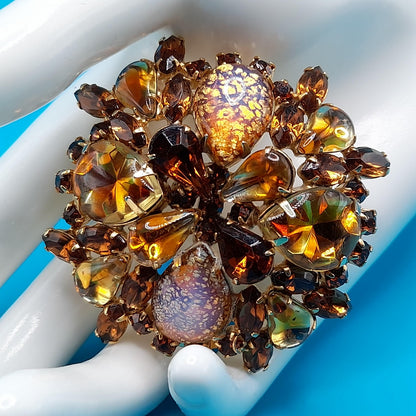 Vintage Weiss Brooch, Art Glass Cabochons, Gold Plated, 1960s Jewelry