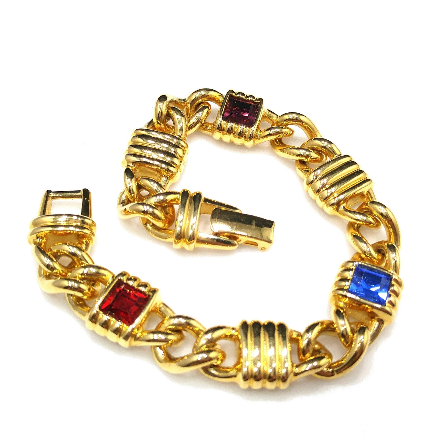 Vintage Swarovski Gold Plated Bracelet – Swan Logo, Red Blue Purple Crystals – 1980s