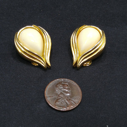 Christian Dior Cream Gold Plated Earrings, Rose Bud Shaped, 1980s Vintage Jewelry