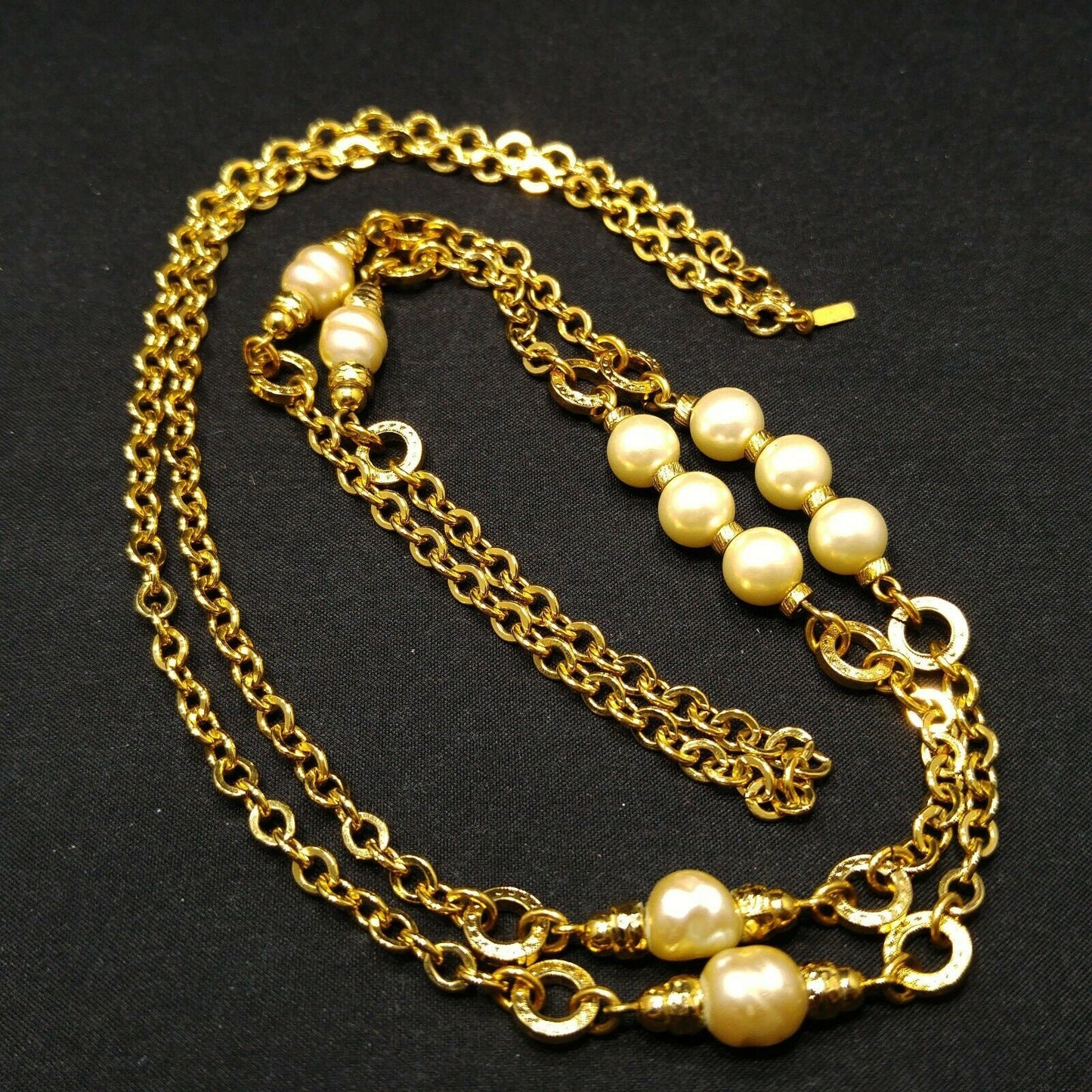 Vintage Monet Long Gold Chain Necklace Faux Pearls 1970s Sister Clasp 36"