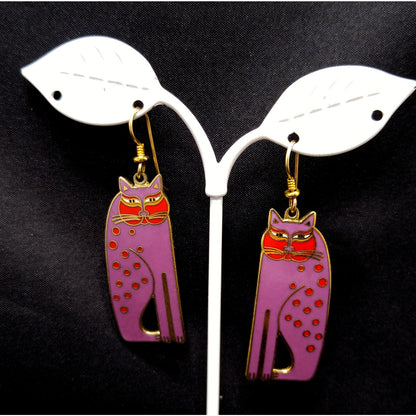 Laurel Burch "Siamese Cats" Long Earrings, Gold Plated, Purple Enamel, 1980s