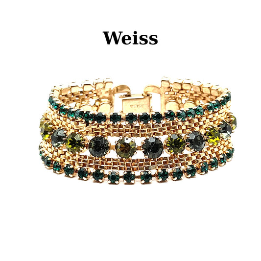 Vintage Weiss Green Rhinestone Mesh Bracelet - Elegant Glamour