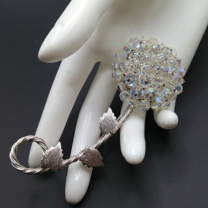 Vintage Austrian Crystal Flower Brooch, Aurora Borealis, Rhodium Plated Stem Leaves, 1960s Vintage Jewelry