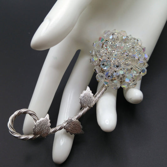 Vintage Austrian Crystal Flower Brooch, Aurora Borealis, Rhodium Plated Stem Leaves, 1960s Vintage Jewelry