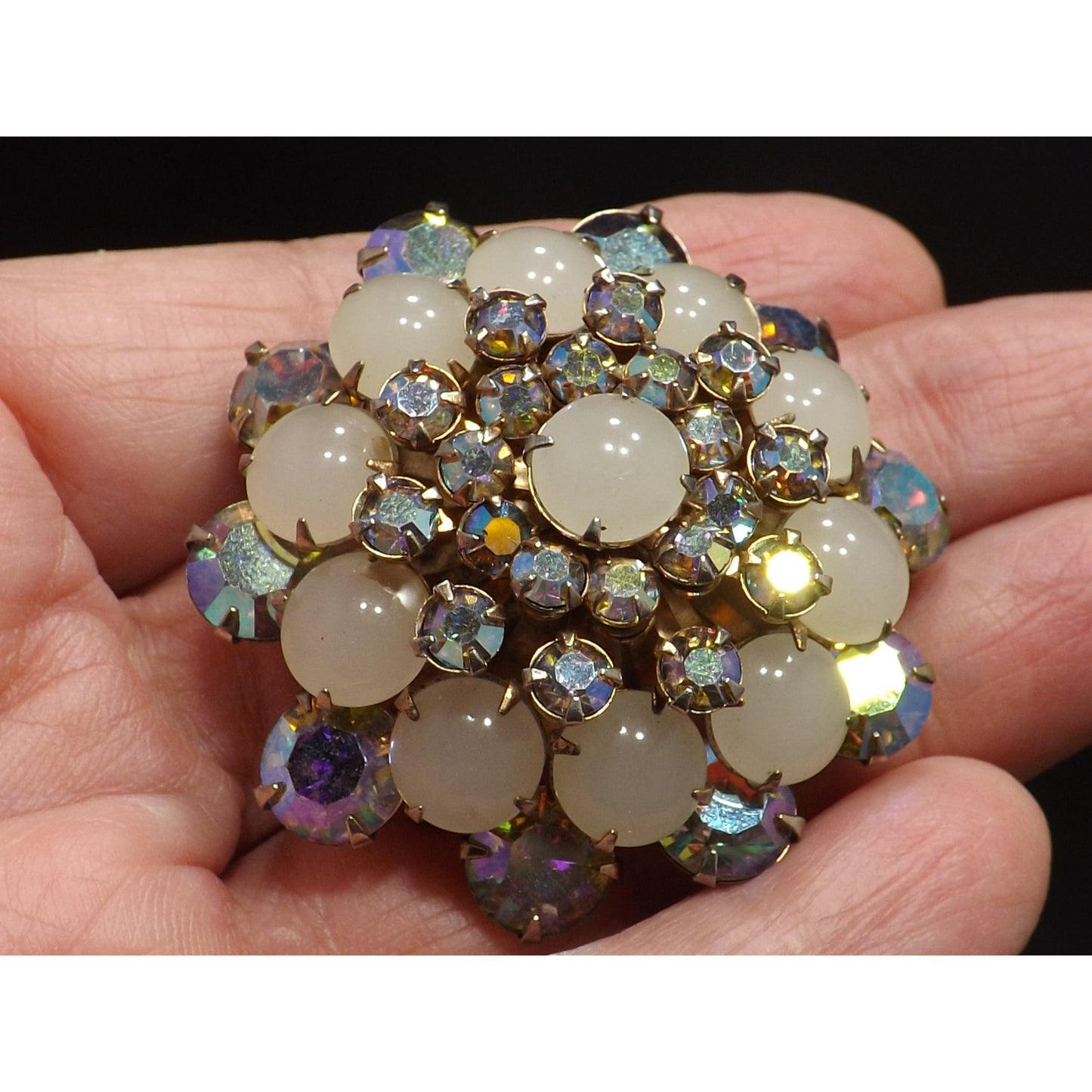 Aurora Borealis Domed Floral Brooch, Riveted Construction, 1950s Vintage Jewelry