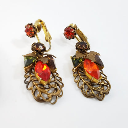 Vintage Filigree Rhinestone Brooch & Earrings, Orange Green Topaz Crystals, Floral Brass Tones, 1950s Vintage Jewelry