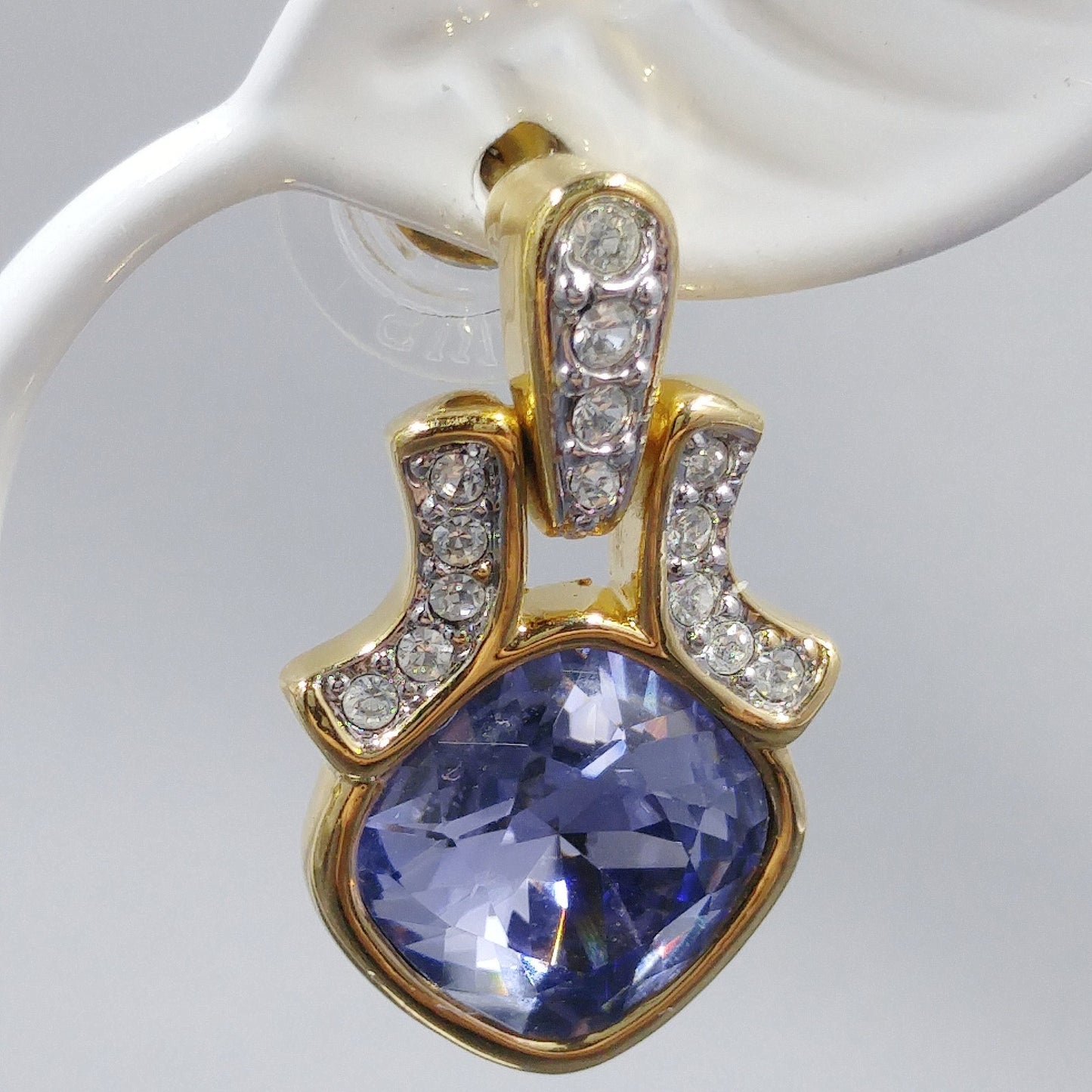 Swarovski Purple Crystal Post Earrings, Gold Plated, Swan Logo, 1990s Vintage