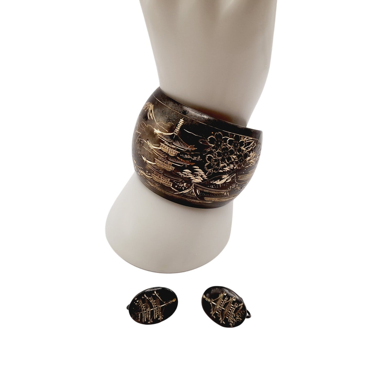 Vintage Japanese Damascene Niello 950 Silver Cuff Bracelet & Screwback Earrings Set