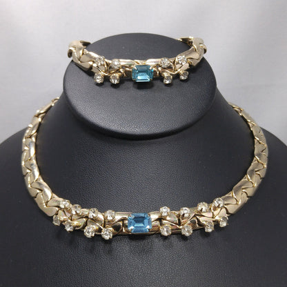 Vintage Gold Tone Chain Rhinestone Necklace & Bracelet Set, Sky Blue