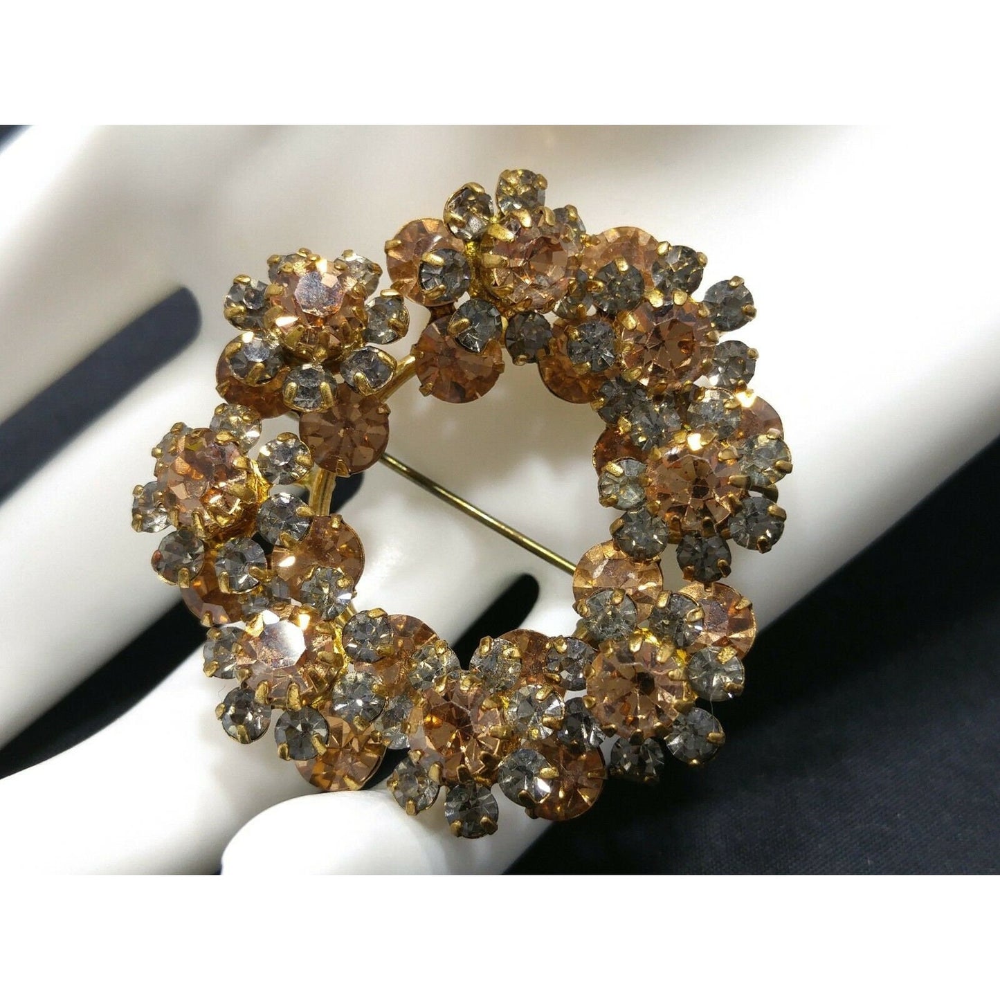 Austria Crystal Topaz Gray Rhinestone Wreath Brooch, 1950s Vintage Jewelry